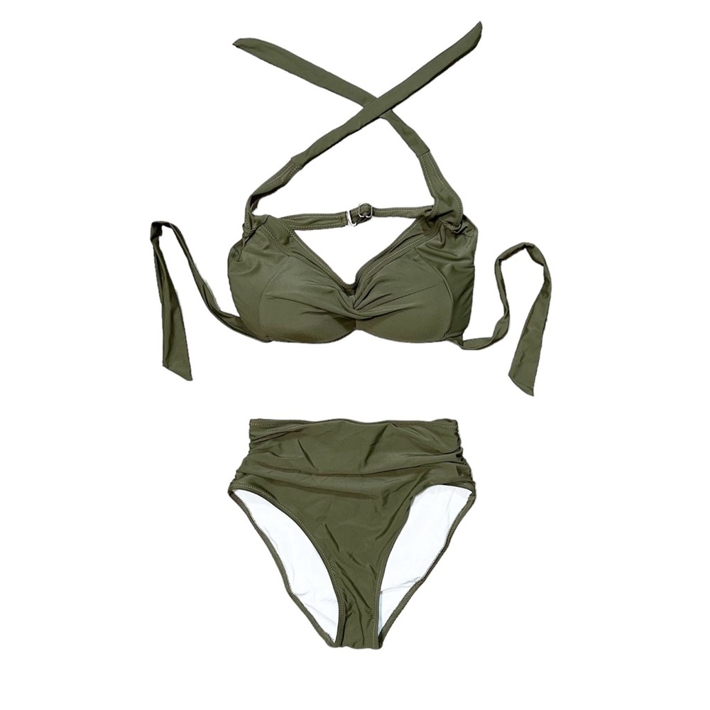 NWOT Tempt Me Green Vintage Swimsuit Retro Halter Ruched High Waist Bikini